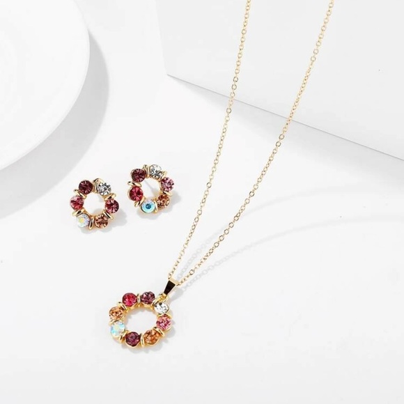 🆕 Multicolor Crystal Rhinestone Gold Circle Necklace Earrings & Pendant … - Picture 2 of 5